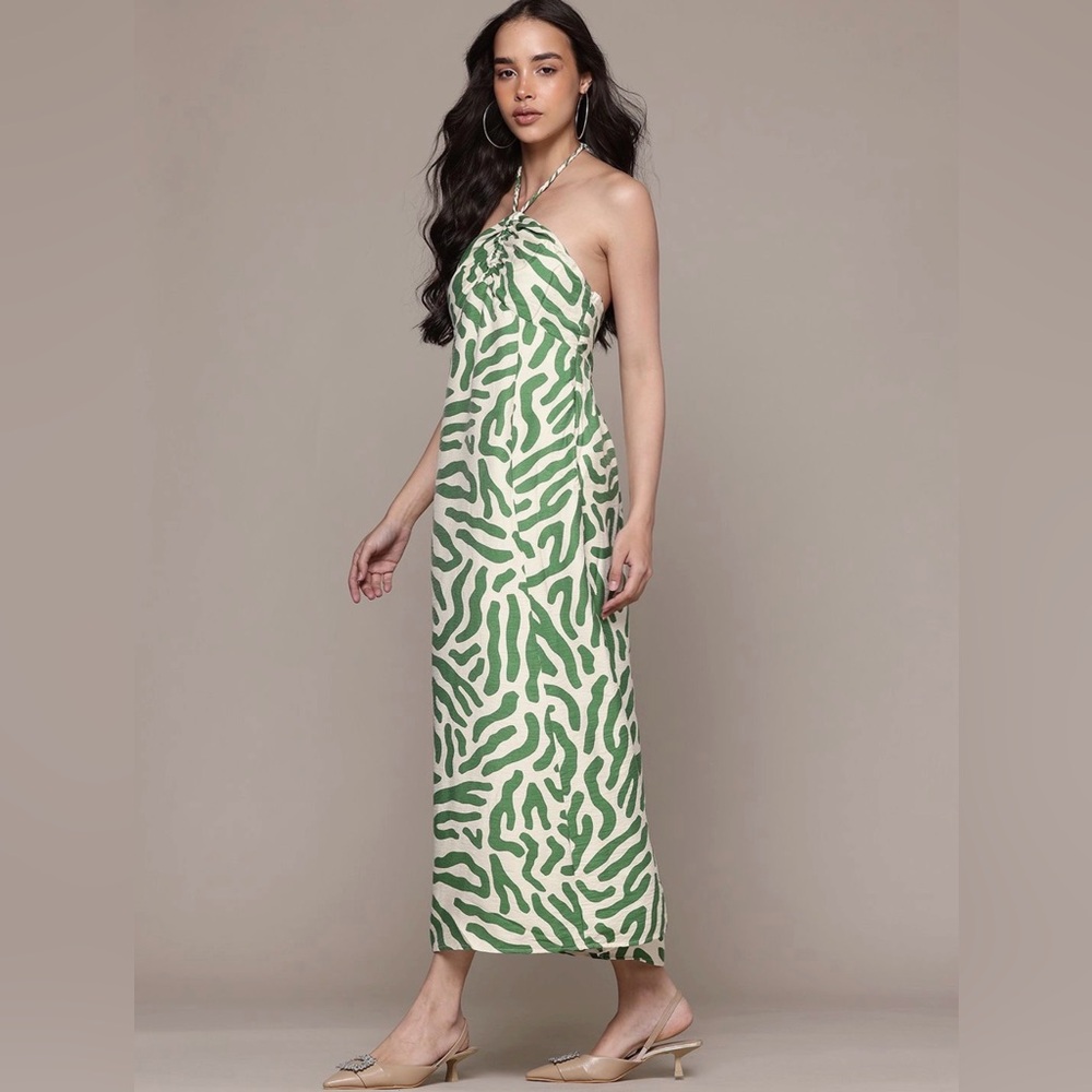Mango Green Zebra-Print Halter Maxi Summer Dress